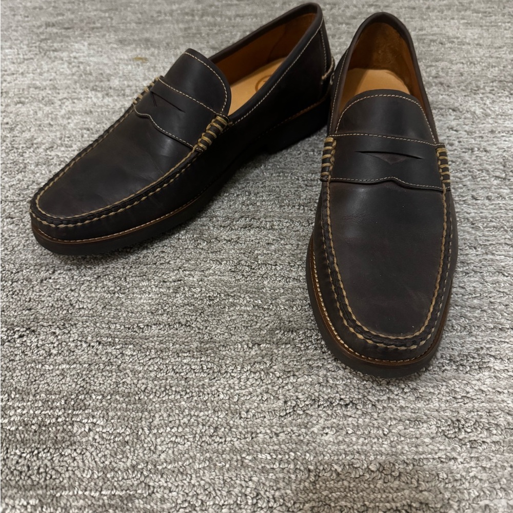 hand-sewn chocolate leather penny loafers